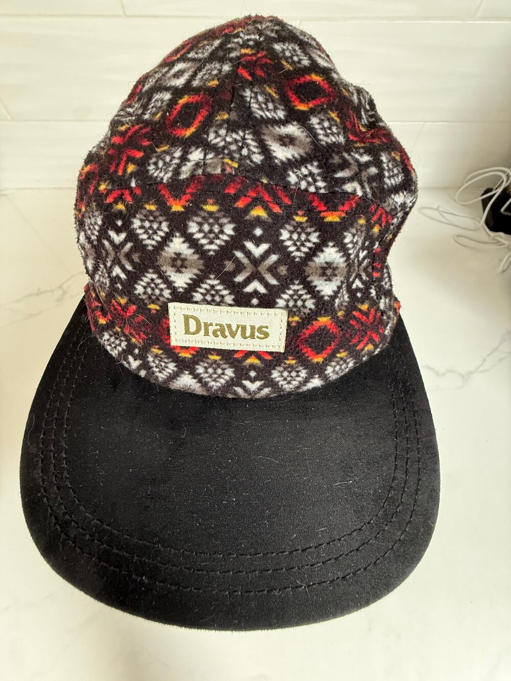 Dravus Aztec 5 Panel Hat Southwestern Geometric Fleece Strapback Black Red